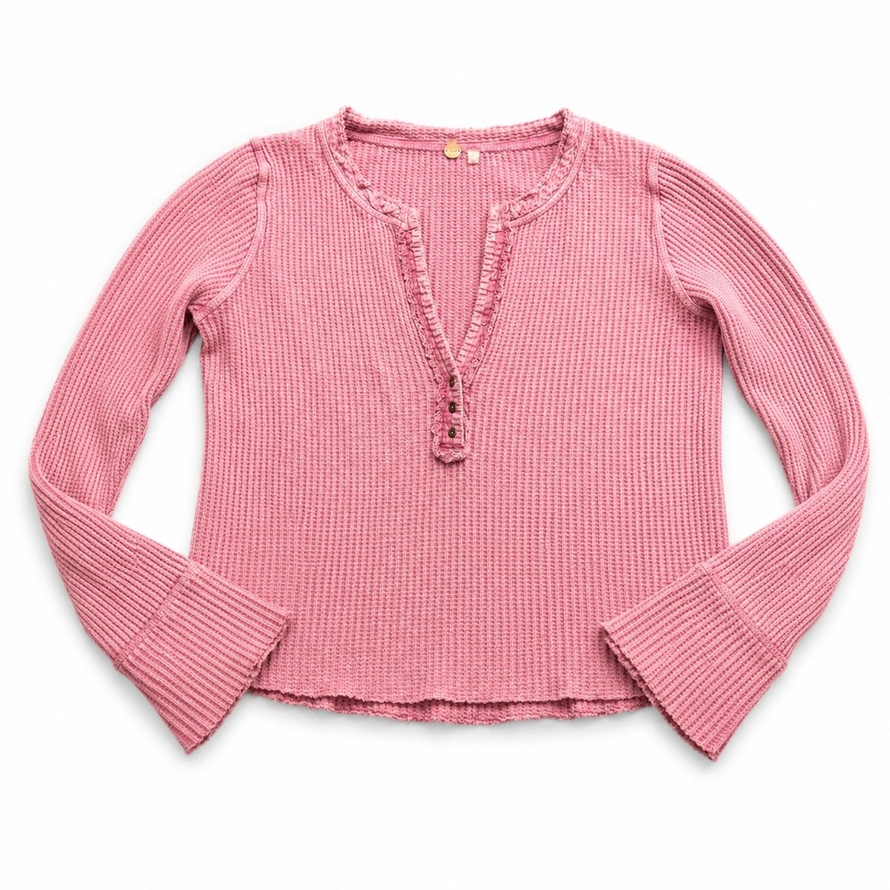 Free People FP One Pink Waffle Knit Henley Ruffle Thermal Top Long Sleeve XL
